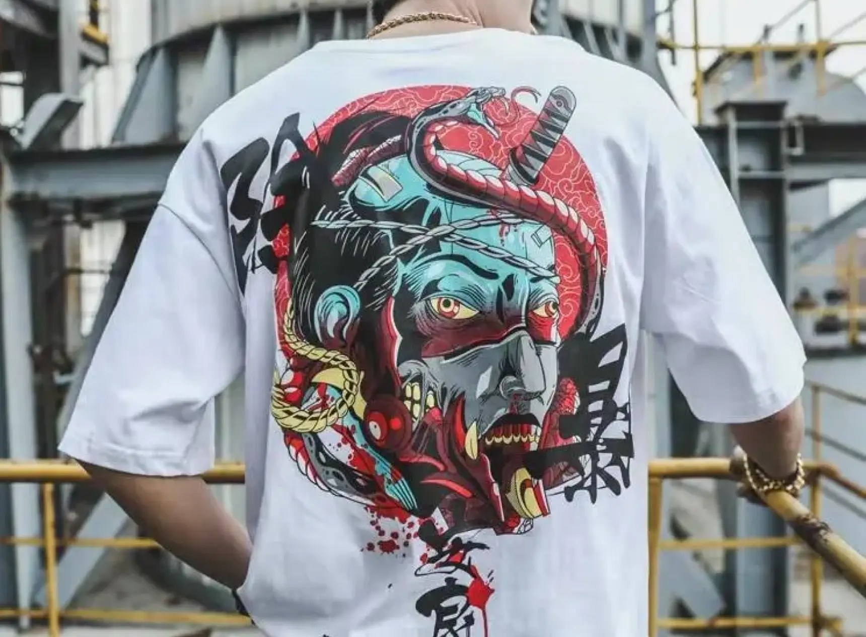 White t-shirt with colorful print