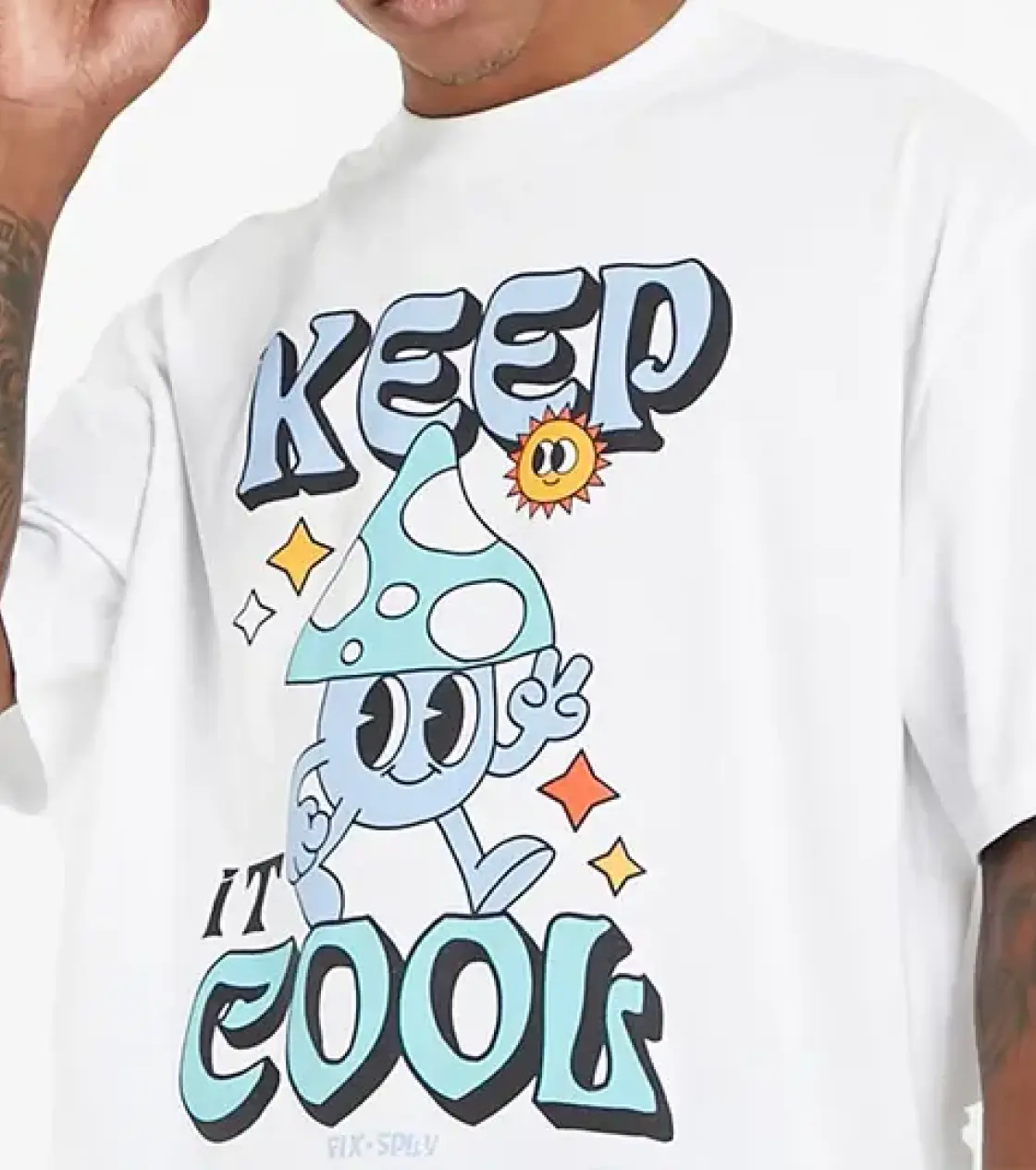 White t-shirt with colorful print