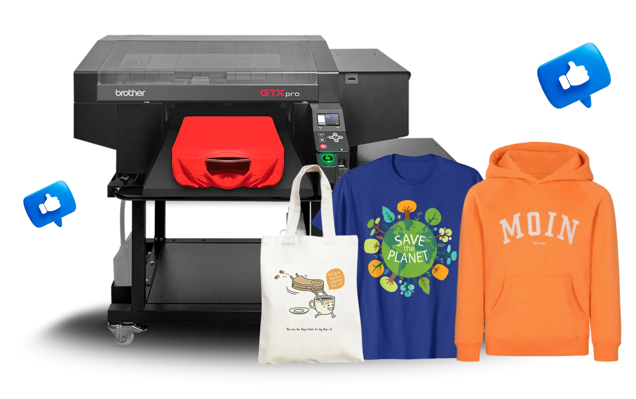 A t-shirt, hoodie, and a tote bag with a printer.