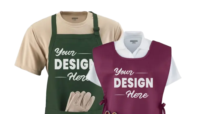 Green and burgundy aprons