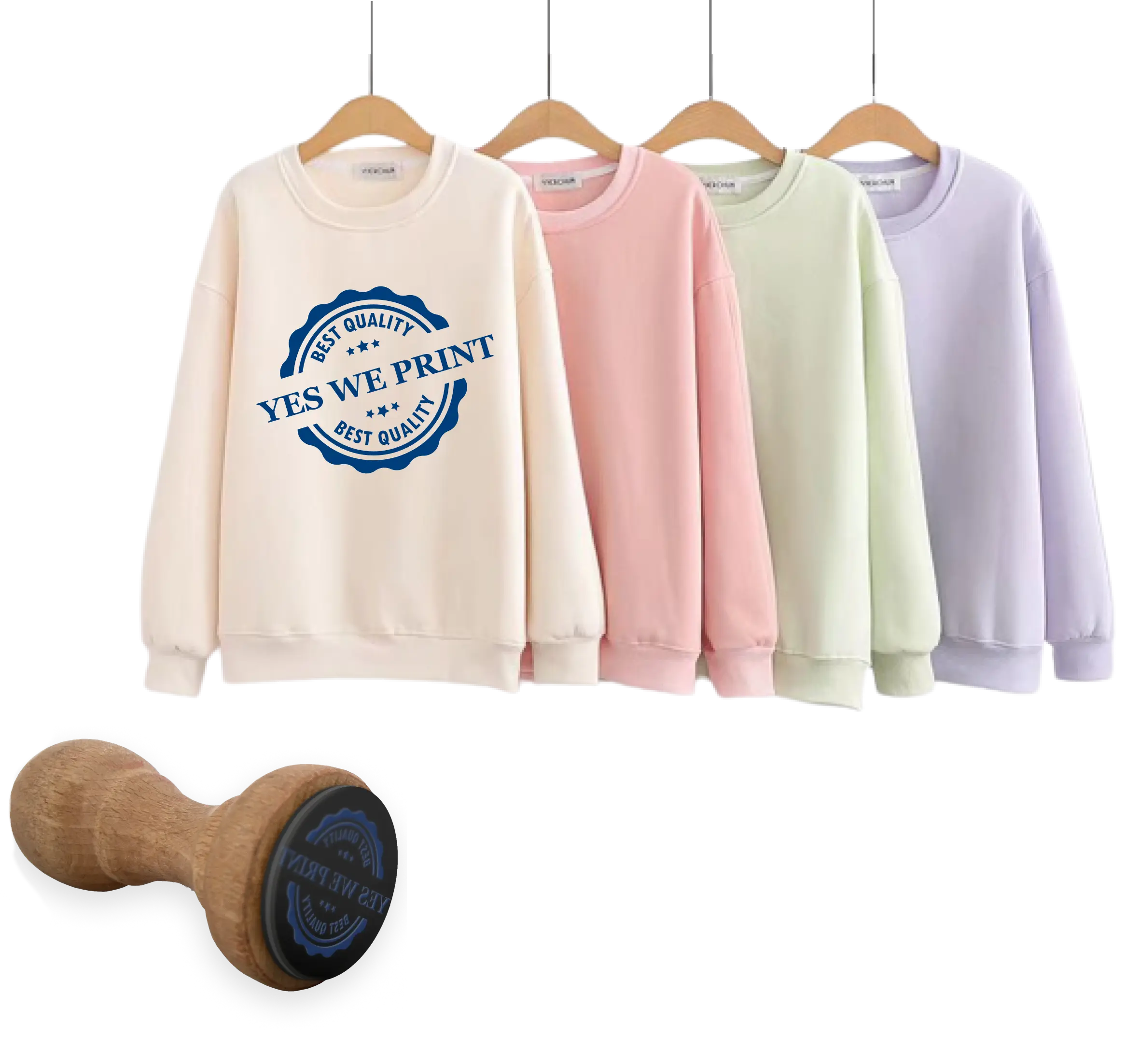 Multi colored sweatshirts and a stamp